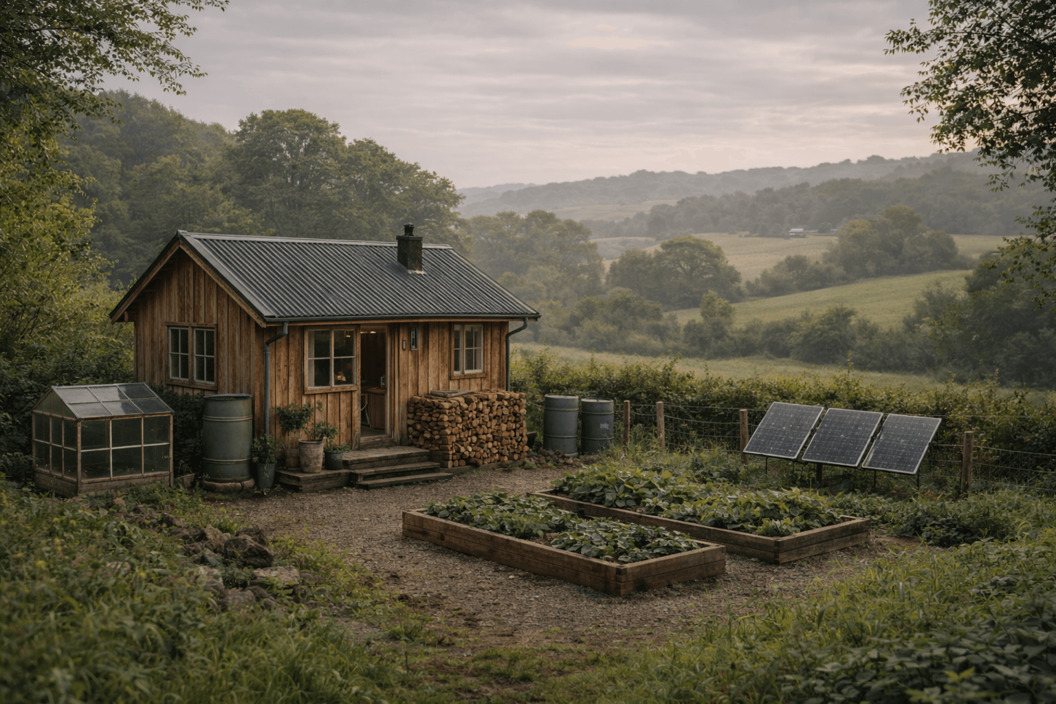 Practical off grid living UK setup with modest rural home and simple self-reliant systems