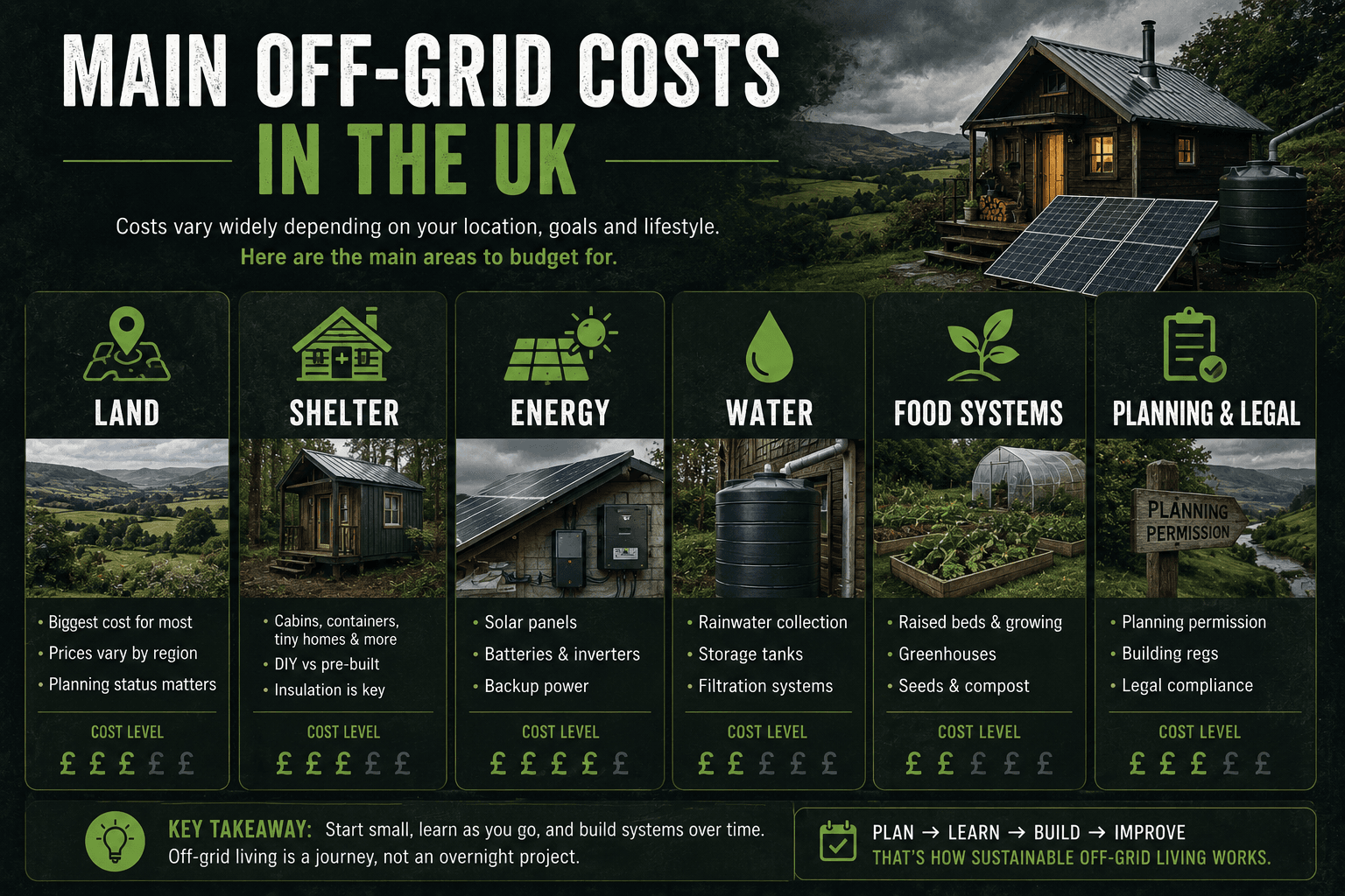 Off grid living UK cost breakdown including land shelter solar water and planning