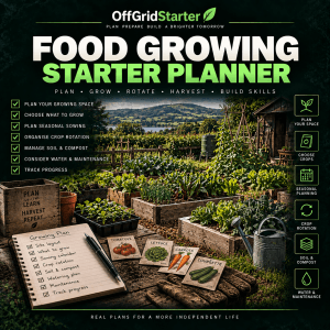 Food Growing Starter Planner cover showing raised beds, crops and seasonal growing plans