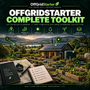 OffGridStarter Complete Toolkit cover showing land, budget, power, water and food planning